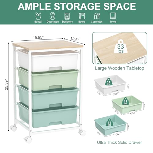 Utility Cart with 4 Drawers,Rolling Storage Cart with Drawers,Storage Rolling Drawer Cart with Wooden Tabletop for Bedroom,Kid's Room,Dorm,Classroom,Office,Green - Image 4