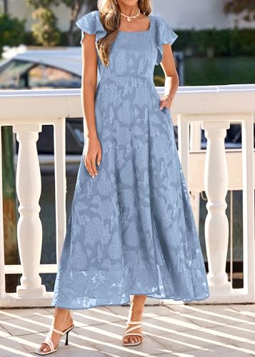 Image of KIRUNDO Bridesmaid Wedding Guest Formal Dresses for Women | Elegant Summer Maxi Dress, Lace Floral Prom Party Cocktail Dress, Smocked Bust, Tie Back, Split A Line Swing, With Pockets