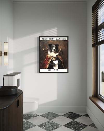 Image of Border Collie Gothic Bathroom Black Framed Wall Art Print Poster, Dog Pet Lover Picture Painting Artwork Bedroom Living Room Office Dining Room 150D (Border Collie Gothic Bathroom, 10 inchL x 8 inchW, Black Frame)