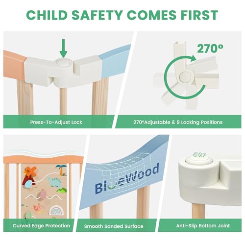 Image of Foldable Wooden Playpen - Adjustable Wood Baby Play Yard with Child-Proof Lock, Indoor Large Safety Fence for Babies and Toddlers - Easy Assembly, 55 x 55 x 24 inches, Dino Land, Colorful