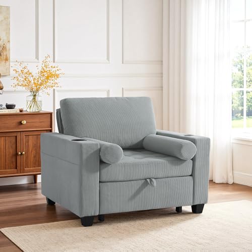 Image of 3-in-1 Sleeper Chair Pull Out Sofa Bed, Convertible Reclining Seat Upholstered Armchair, Adjustable Backrest Recliner Chair with Side Pockets, Cup Holder & USB Ports - Gray