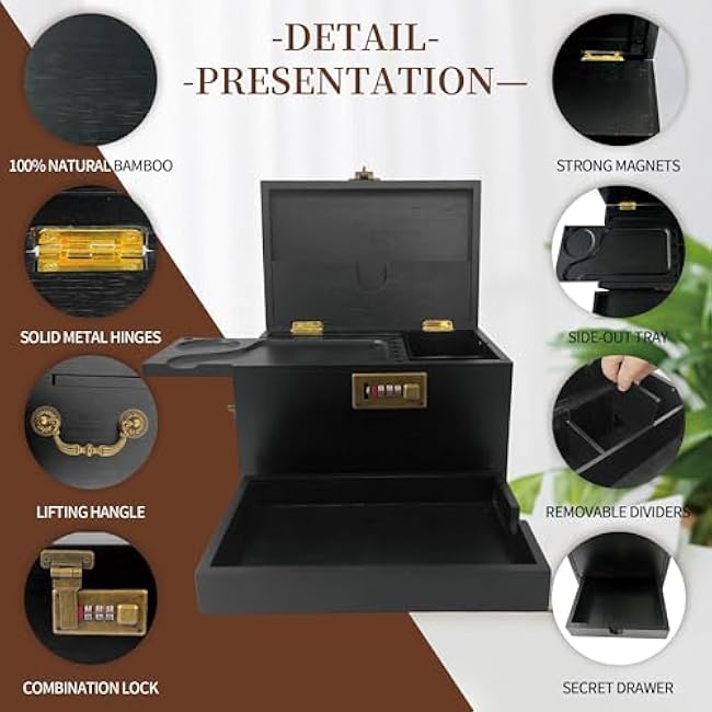 Large Bamboo Stash Box with Secret Drawer Stashbox Box with Combination Lock Handle Detachable Compartment Home Decorative Storage Box Set for Jewelry Cash Valuable Fathers Day Birthday Christmas Gift