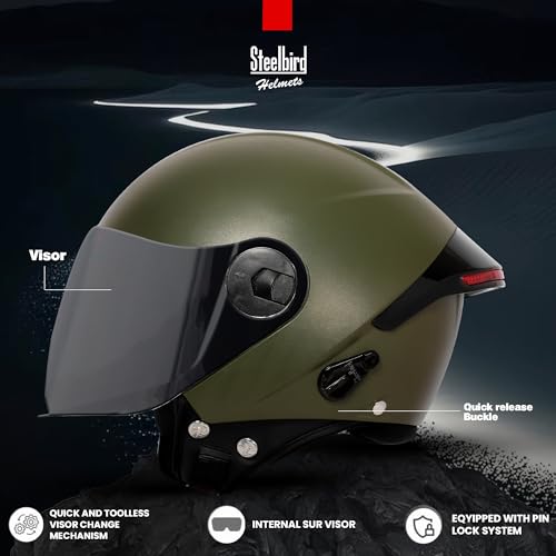 Image of Steelbird SBH-64 Brutal Plus Reflector ISI Certified Open Face Helmet for Men and Women with Extra Smoke Visor