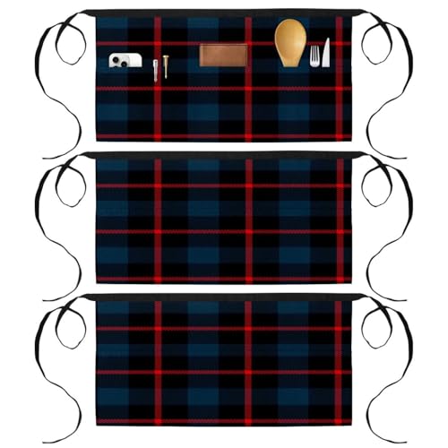 Tablier court de chef à 3 poches motif écossais foncé multicolore lot de 3