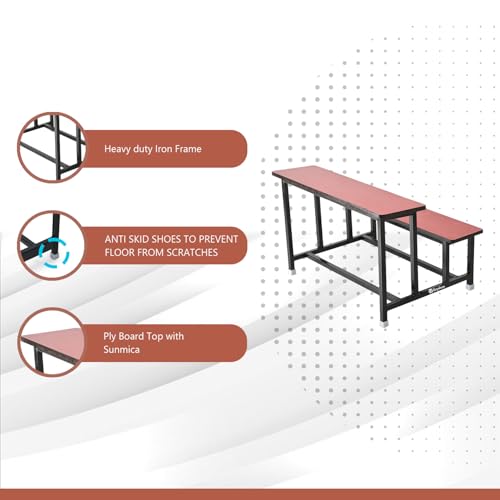 Image of GOYALSON School Home Tution College Bench Duel Desk Student Bench Cum Duel Desk Strong and Sturdy Metal Standard Structure with Wooden Top (1, Red, Small Students Without Back)
