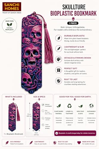 Image of Set of 3 Premium Bookmarks | Great Wave Hokusai Art Inspired, Anime Inspired & Koi Fish | Elegant Frame with Tassel | Perfect Gift for Readers & Collectors | Durable Bioplastic (Magenta Skullture)