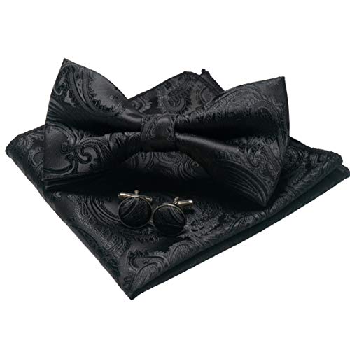 JEMYGINS Noeud Papillon Homme Motif Paisley avec Pochette et Boutons de Manchette pour Mariage Business et Ceremonie Noir Total