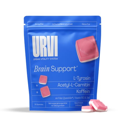 URVI Brain Gummies Koffein L Carnitin L Tyrosin mit Folat (Quatrefolic) Vitamin B12 & Jod für kognitive Funktion & Nervensystem* Zuckerfrei Erdbeergeschmack 30 Stück