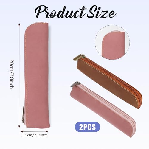 Image of Psyqtsuary Leather Pencil Pouch, 2 Pcs Soft Flat Slim Pencil Case Portable Small Pencil Pouch with Zipper Simple Makeup Bag Lipstick Case for Women Men Home, Office, Travel Outdoor (Pink, Brwon)