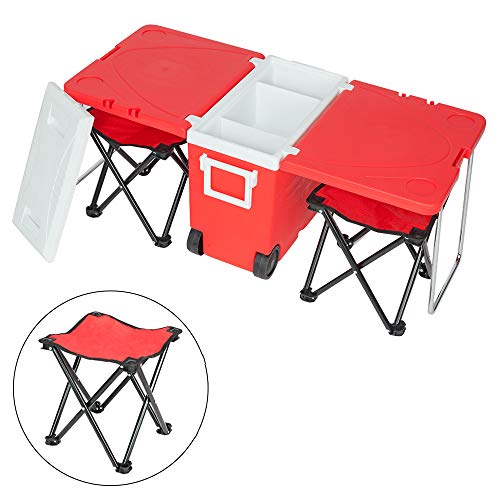 lOOkME-H Multi-Function Rolling Cooler - Insulated Beverage Rolling Cooler Warm, Camping Cooler, Picnic Outdoor w/Table & 2 Portable Chair Stool (Red)