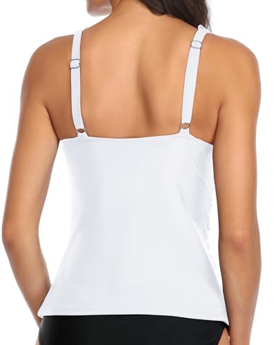 Image of Ruffle V Neck Tankini Top Only Women Tummy Control Swimsuit Tank Top | Removable cups for custom bust lift, Blend soft spandex to stretch easily