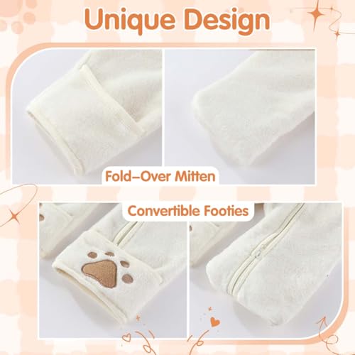 Image of Fairy Baby Newborn Baby Bear Outfit With Fold-Over Mittens Footies Thin Fleece Romper Hooded Jumpsuit Winter Coat Girls Boys
