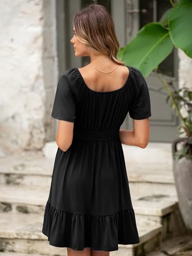 Image of Simplee Womens Summer Dresses 2026 Mini Square Neck Casual Short Sleeve Shirred Flowy A-Line Dress with Pockets