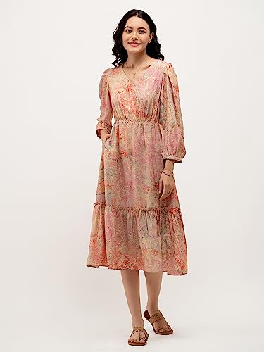Image of AASK Abstract Printed Puff Sleeve Gathered Detailed Fit Flare Dress