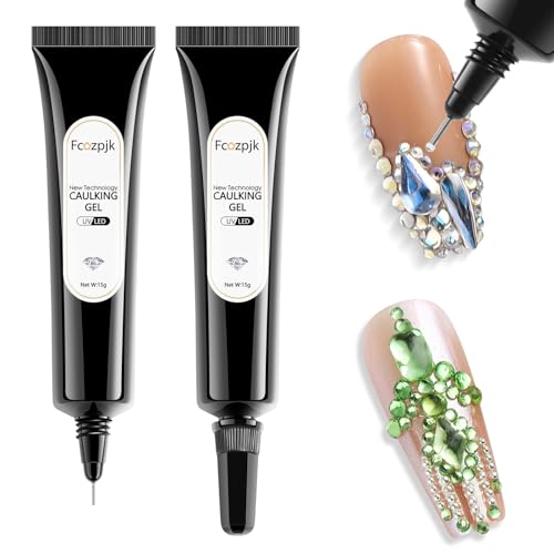 Fcozpjk Nail Rhinestone Glue with Precision Tip, 2Pcs 15g Super Strong Adhesive Charm Glue Stick Gems Crystals Rhinestone Beads Flower Decorations 3D Gel Art Design UV/LED Cured Need Home Manicure