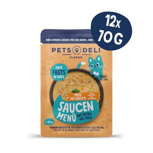 Pets Deli Nassfutter für Katzen 'Saucen Menü' mit Putenfilet und Karotte ohne Zucker und Gluten 12 x 70g