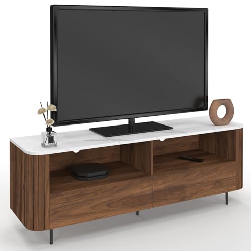 IDMarket - Meuble TV 140 cm Marla Noyer Effet Lattes 2 tiroirs et Plateau marbre Blanc Alaska