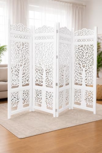Image of Wooden Handcrafted Wooden Partition for Room Elegant Carved Premium Carved Wooden Partition Screen for Bedroom /Living Room /Home /Office (6 Feet 4 Panel) (6 Feet 4 Panel New Tree Design)