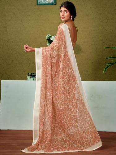 Image of Satrani Women's Linen Printed & Zari Border Ready To Wear One Minute Pre Pleated Readymade Saree with Unstitched Blouse Piece
