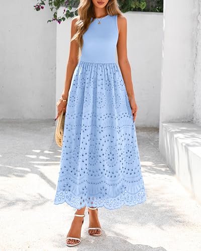 Image of dowerme Women Summer Dresses 2026 Casual Sleeveless Crewneck A-Line Boho Lace Eyelet Cotton Tank Maxi Dress with Pockets