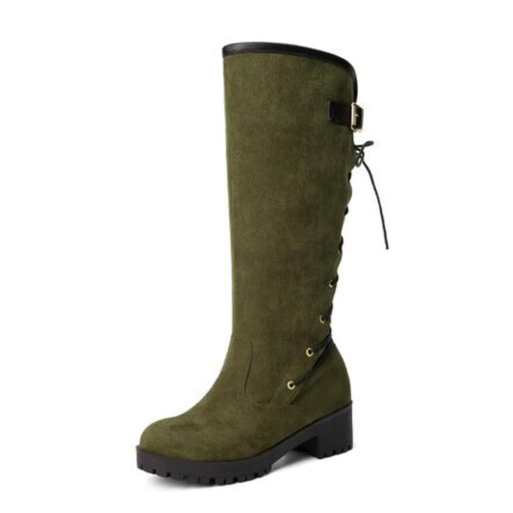 Womens Knee-High Boots Suede Leather Round Toe Lace-Up Chunky Heels Buckle Strap Cushioned Insole Non-Slip Outsole Vintage Casual