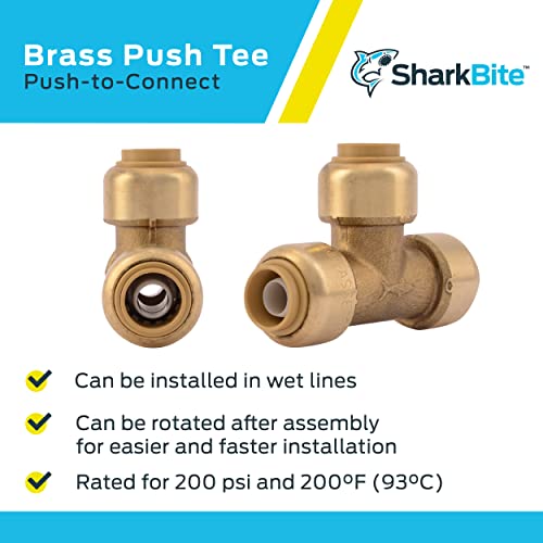 Image of SharkBite 3 /8 Inch (1 /2 Inch OD) Tee, Push to Connect Brass Plumbing Fitting, PEX Pipe, Copper, CPVC, PE-RT, HDPE, U360LFA