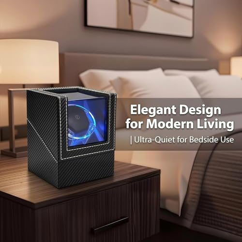 Forenee Automatic Watch Winder for Single Watch - Silent Full-Tooth Motor Plastic Base with Black Faux Leather PU Trim and LED Ambient Lighting Luxury Watch Rotation Mechanism Ideal Choice for Watch Enthusiasts — view 2