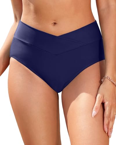 Image of Women V Cut Full Coverage Bikini Bottom - High Waist Swim Bathing Suit Bottoms Cross V Front Swimsuit