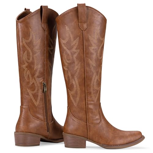 Jeossy Women's Brown Western Cowboy Boots Embroided Wide Calf Knee High Cowgirl Boots Round Toe Tall Boots with Inside Zipper Comfortable for Wedding Party Daily Wear Size 9.5 (DJY9809 brown 09.5) — view 6