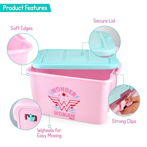 Image of Nayasa Wonder Woman Toy Box 50 Ltr | DC Superhero Print Plastic Storage Box with Lid | Stackable Organizer & Strong Durable | Pink