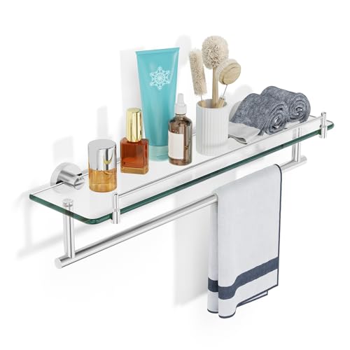 KOCOK 20-Inch Tempered Glass Bathroom Shelf with Towel Bar - Brushed Nickel & Stainless Steel, Wall Mount Rustproof Tower Holder with Shelves
