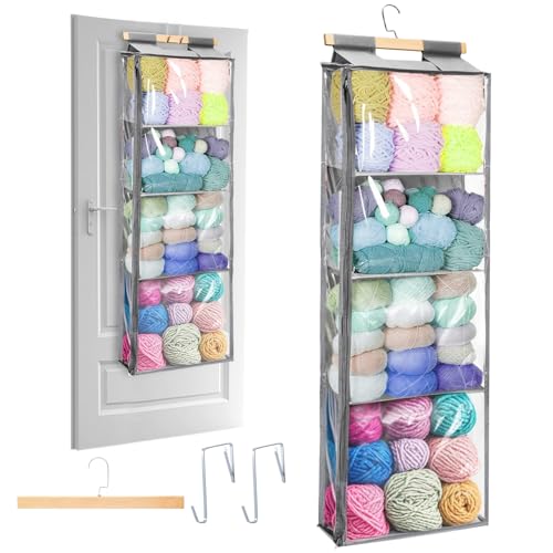 ELFULLY Hanging Yarn Storage, Knitting Organizer Storage with 4 Compartments, Clear Door Hanging Yarn Holder with Zipper and Hook, Large Capacity Pockets for Crochet Hooks Threads Clothes Purses