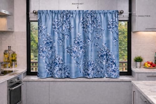 Image of Premium Light Filtering Valance Printed Rod Pocket Curtain, Set of 2, Washroom Curtain (Half Window - 3ft Turquoise)
