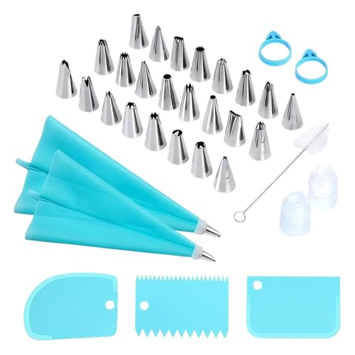 Manga pastelera y puntas – 34 piezas reutilizables lavables para decoración de horno | Kit de tubos para glaseado | boquillas de acero inoxidable, 2 bolsas para pastelería, convertidores, raspadores