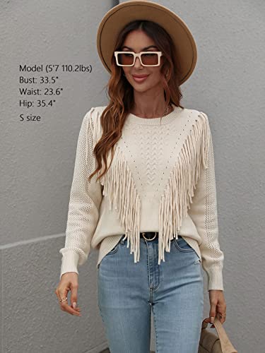 Wawjir Women's Fringe Sweaters Boho Soft Cozy Tassel Pullovers Crew Neck 2022 Trendy Fashion Tops Fall Casual Knit Apricot #TOP1