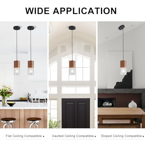 Image of Modern Pendant Lights for Kitchen Island, Adjustable Pendant Light Fixtures with Brown Wood Grain, Industrial Clear Glass Pendant Lights for Dining Table Hallway Bedroom Living Room,1 Pack
