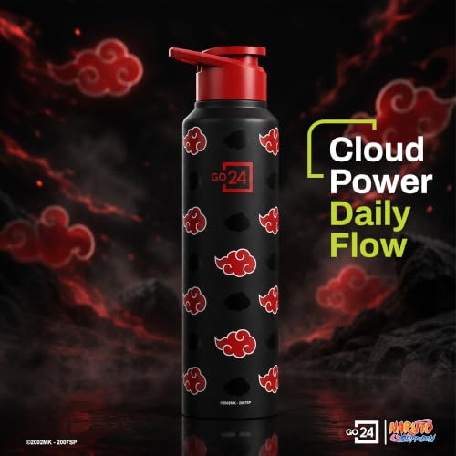 Image of Water Bottle 950ml Stainless Steel Sports /Fridge Bottle with Sipper Cap | 1-Year Warranty | Single Wall| For Home, Office, Gym, Travelling | Lightweight | Naruto Ninja | Black - Akatsuki Cloud