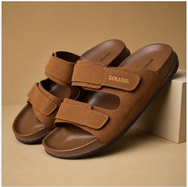 Image of SOLUXE Men's Royal Slippers | Adjustable Hook & Loop Strap | Lightweight Footwear | Home & Outdoor Mens Footwear | Casual Wear |Everyday Use - Tan