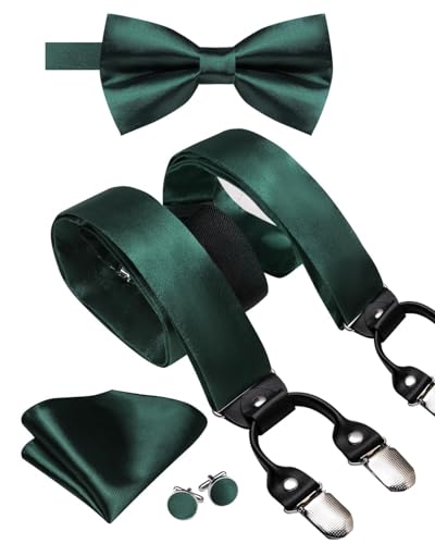 Image of Hi-Tie Men Suspender Bowtie Set Suspenders Pre-tied Bow Tie Pocket Square Cufflinks Adjustable Y Shape 6 Clips Braces Tuxedo