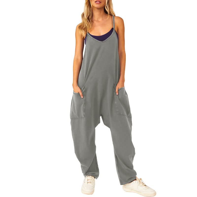 Litthing Salopette Femme Jambe Large Combinaison Pantalon Décontracté Avec Poches Ample Taille Fermeture Éclair Jumpsuit Bretelles Fines Grand Baggy Doux Confort Bodycon
