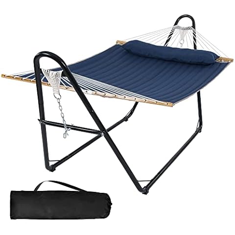 SUNCREAT Two Person Hammock with Stand and Large Soft Pillow, Extra Large Patio Hammock for Outdoor, Blue Cover