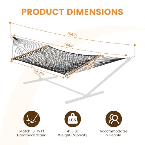 Image of Lazy Daze Hammocks 12FT Double Rope Hammocks, 2 Person Hand Woven Cotton Hammock with Spreader Bar, Carabiner, Tree Strap, Chain for Outside, FIT 13-15 FT Stand, Max 450 Lbs, Black