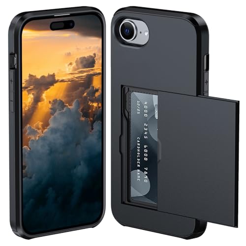 iPhone 16e ケース カード収納 背面 米軍MIL規格 耐衝撃最強 アイフォン16e ケース ICカード収納 落下防止 全面保護 指紋防止 滑り止め 擦り傷防止 ブラック