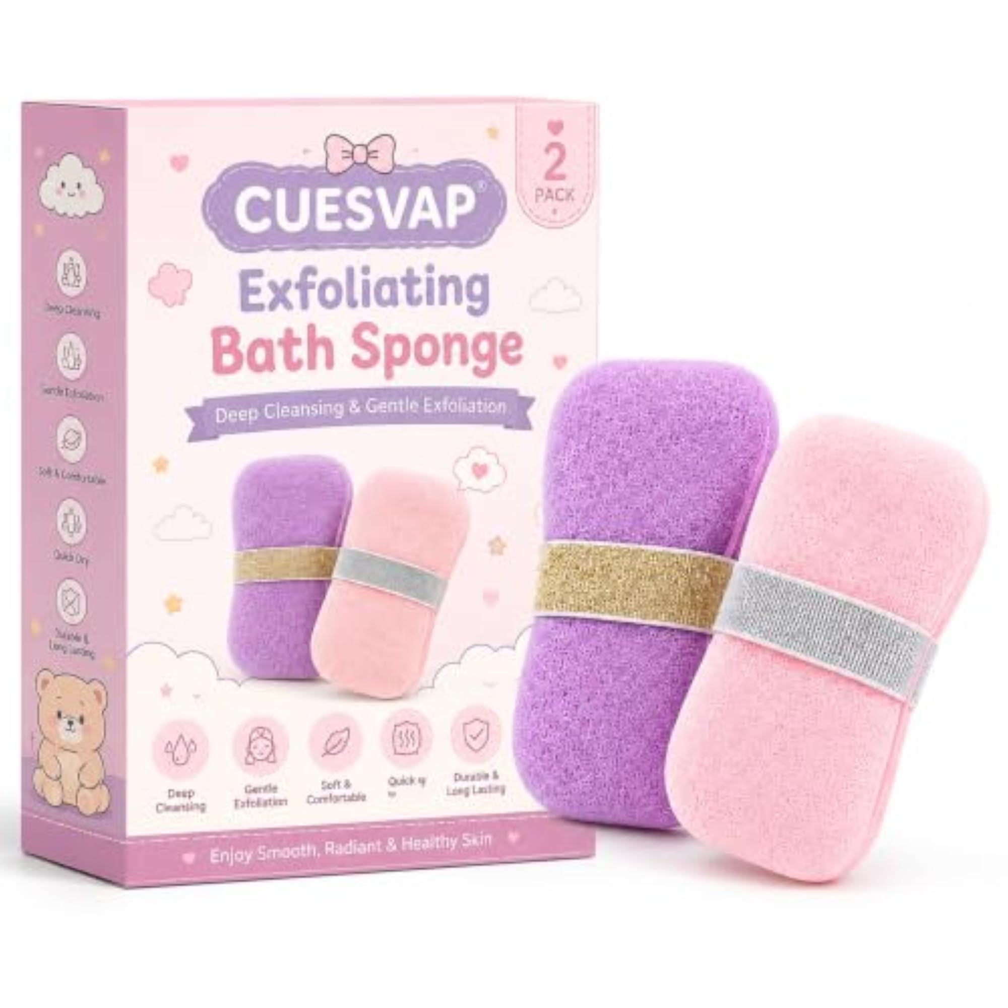 2-Pack Exfoliating Bath Sponge with Soap Bag, Double-Sided Body Scrubber