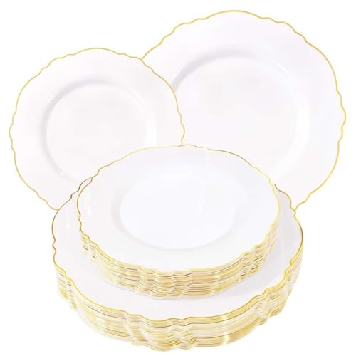 WDF 60pcs White and Gold Plastic Plates - Baroque White With Gold of 30 Heavy Duty Gold dinner plates 10.25inch, 30 Salad Plates 7.5inch Perfect for Weddings/Party/Birthday/Valentine's Days