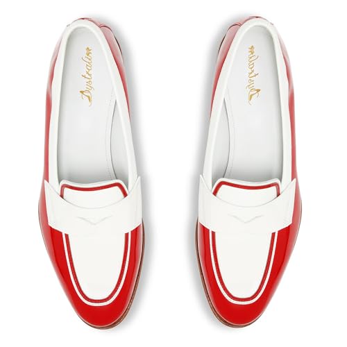 Image of Women Patent Slip On Loafer Flats Two Tone Round Toe Flat Heel Penny Loafers Casual 1 inch Low Heel Loafer Dress Shoes Oxford Comfort Chic Colorblock Office Ladies 4-11 M US