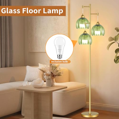 Image of ZECOXOL Gold Floor Lamps for Living Room Bedroom-3 Light Glass Floor Lamp with Three Led Bulb, Rustic Tall Floor Lamp Gold Standing Lamp Tree Floor Lamps for Living Room Bedroom,Office,Corner