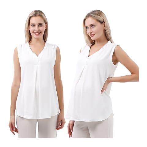 Maternity Blouse for Work Pregnant Top Short Sleeve Shirt Casual Office wear Women Chiffon (White - Small)… Cover