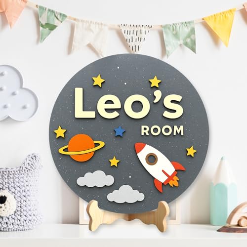 Personalized Wooden Name Sign - Rocket Spaceship Custom Baby Name Sign For Nusery Room Decor, Signs for Kids Room Decor, Door Hanger Gift for Baby Shower Newborn Series 03