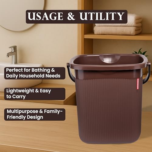Image of Modware Square Ribbon Plastic Bucket Set with Mug | 18L Brown Bathroom Bucket with Handle + 1L Mug | Heavy-Duty Polypropylene + Co-Polymer | Stylish & Durable Bath Set (Brown)